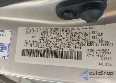 2004 Toyota Sienna Le from USA, damaged, VIN 5TDZA23C44S154039